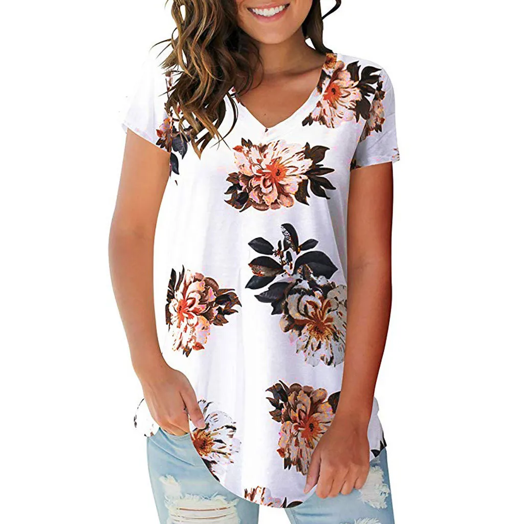 

Women's blouse Summer silk flower Print V Neck Short Sleeve female tops Shirt Casual clothes Tunic Top Blouses christmas #SL