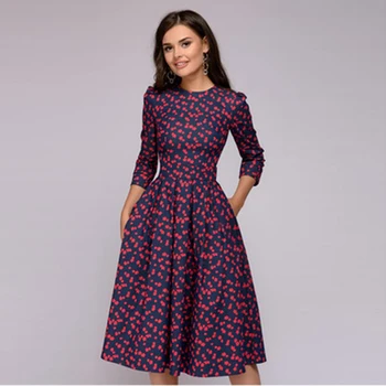 

Vestiodos Retro Three Quarter Sleeve Female Autumn Hot Sale Heigh Quality Dress Women Elegant Print O-Neck A-line Party Dress