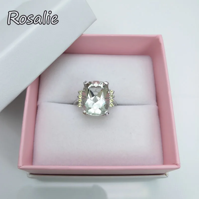 Rosalie,Natural Green amethyst quartz cushion 11*14mm gemstone Ring solid 925 sterling silver fine jewelry for women nice gift