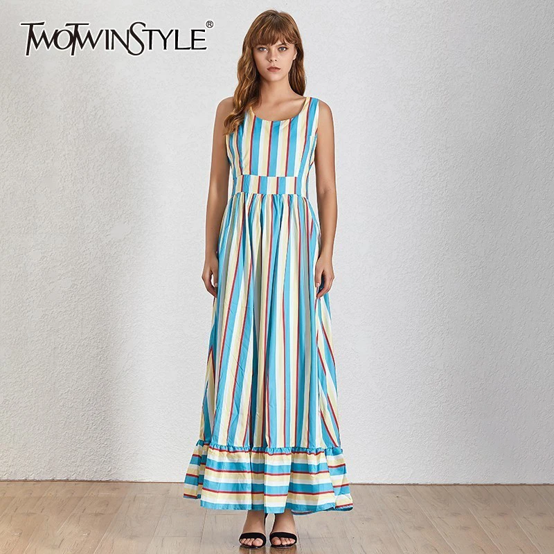 

TWOTWINSTYLE Summer Dress For Women Hit Color Striped Backless Sleeveless High Waist Ankle Length Female Dresses Fashion 2019