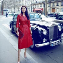 Весна Осень натуральная кожа овчина Женская куртка Тренч пальто до середины икры отложной воротник красный черный размера плюс xxl