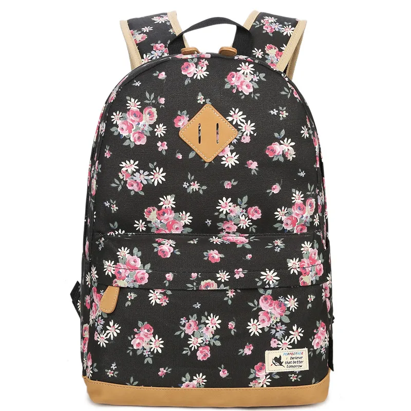 Tourya, винтажный холщовый женский рюкзак, школьные сумки, школьный ранец для девочек-подростков, цветочный принт, дорожная сумка для ноутбука Mochila - Цвет: black