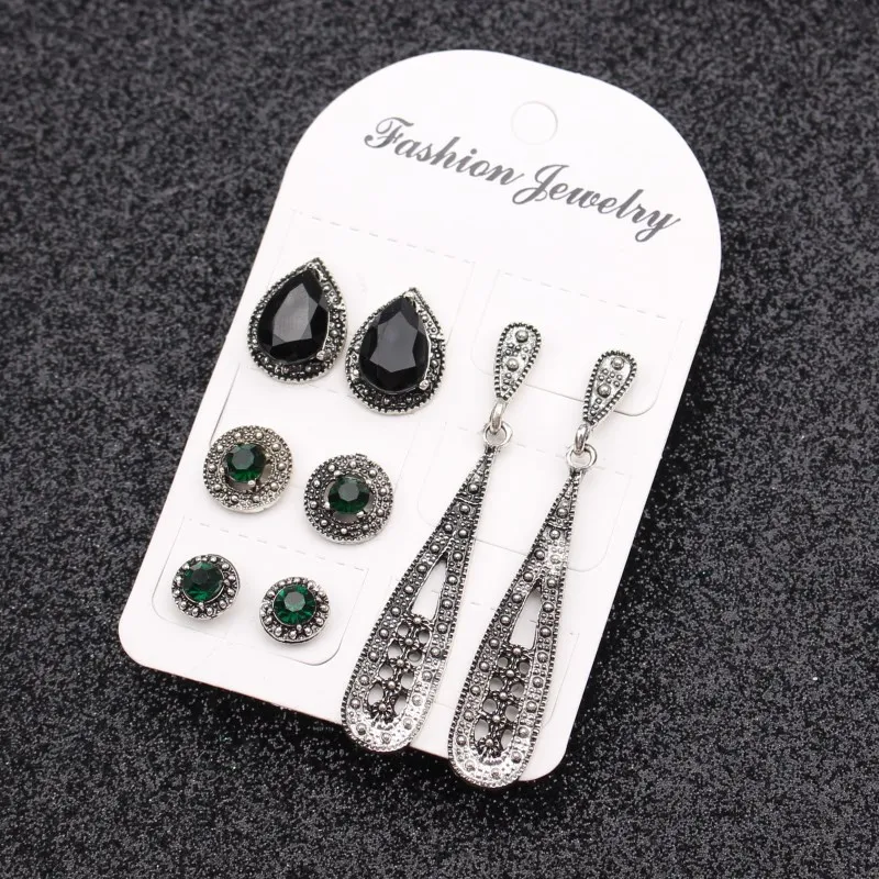 

EK123 Vintage Green Gem Round Stud Earring Set For Women Girls 2019 Fashion Small Crystal Earrings Bohemia Boucle d'oreille Gift