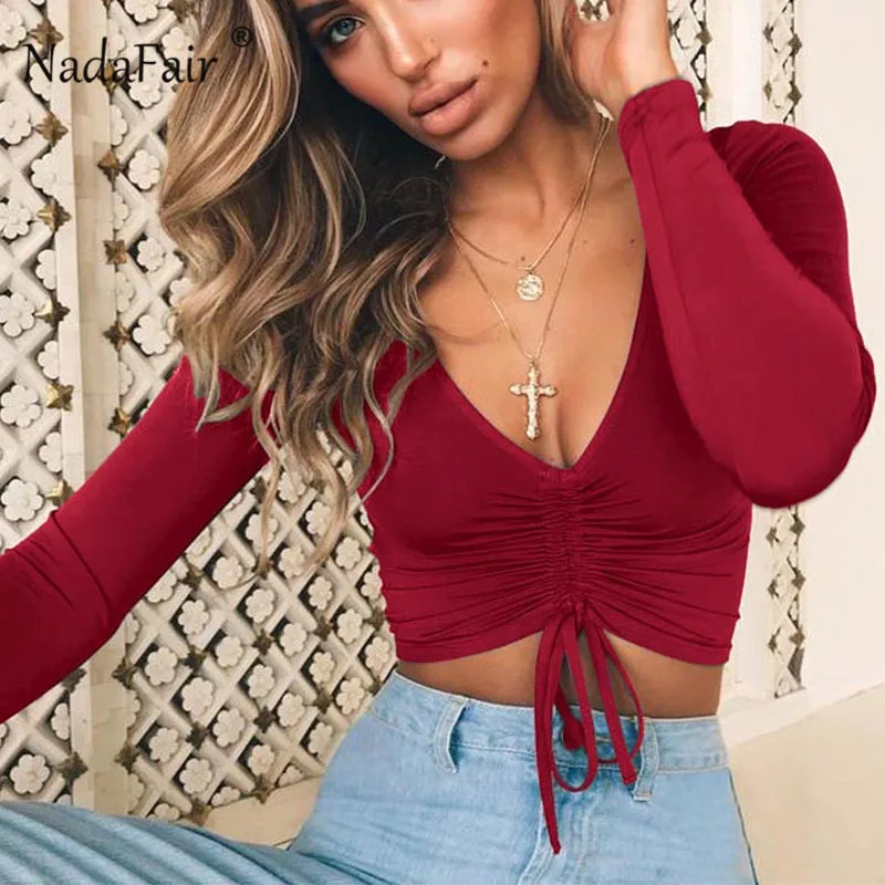 

Nadafair Long Sleeve Crop Top Women Summer 2019 V Neck Short T Shirt Female Lace Up Autumn Sexy Black Tee Club Party Top
