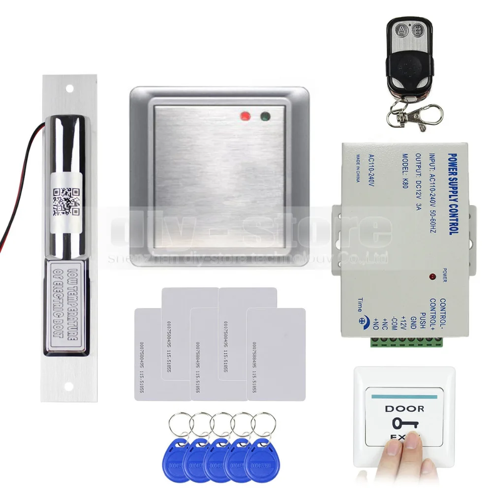 

DIY Electric Bolt Lock Waterproof Remote Controller 125KHz Rfid ID Card Reader Without Keypad Access Control System Kit 81678A