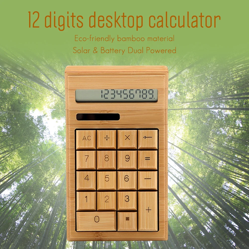 

Eco-friendly Bamboo Electronic Calculator Counter Standard Function 12 Digits Solar Battery Dual Powered for Home Office School