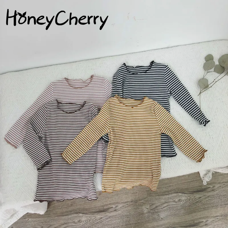 

2018 Autumn T-shirt And Winter New Products With Round Ears Stripes Baby Girl Clothes T-shirt Long Sleeve Girls T-shirts