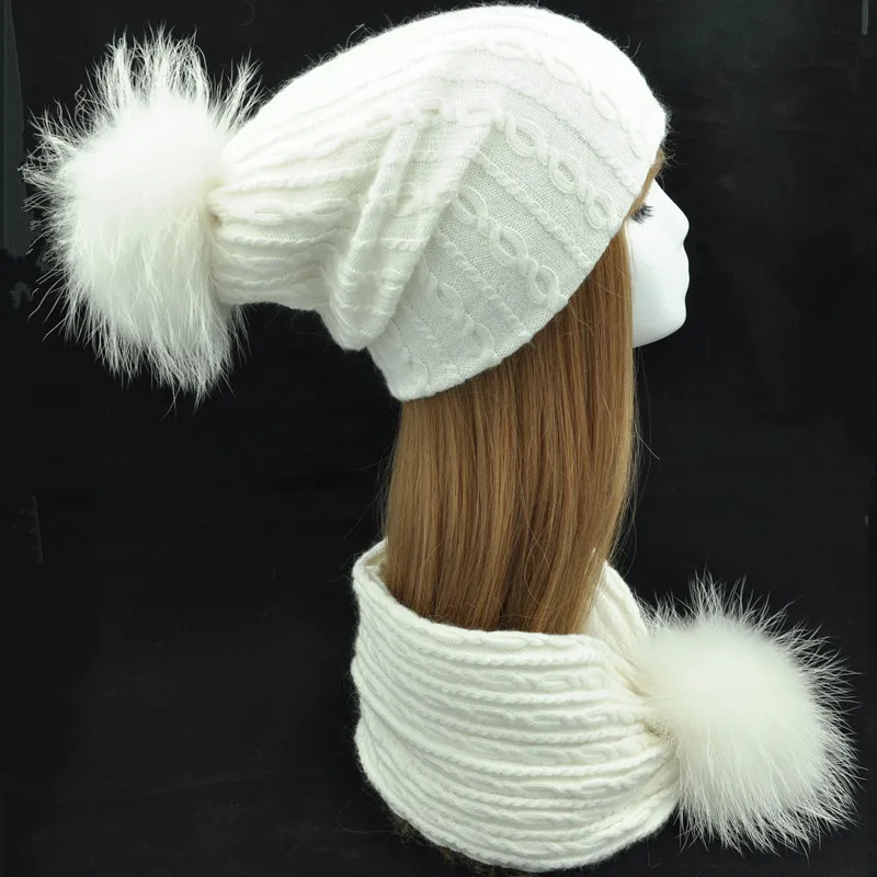 Для женщин вязаная шапка, шарф набор зимние шапочки из натурального меха Pom Hat дамы натуральной меховой шарик шарфы