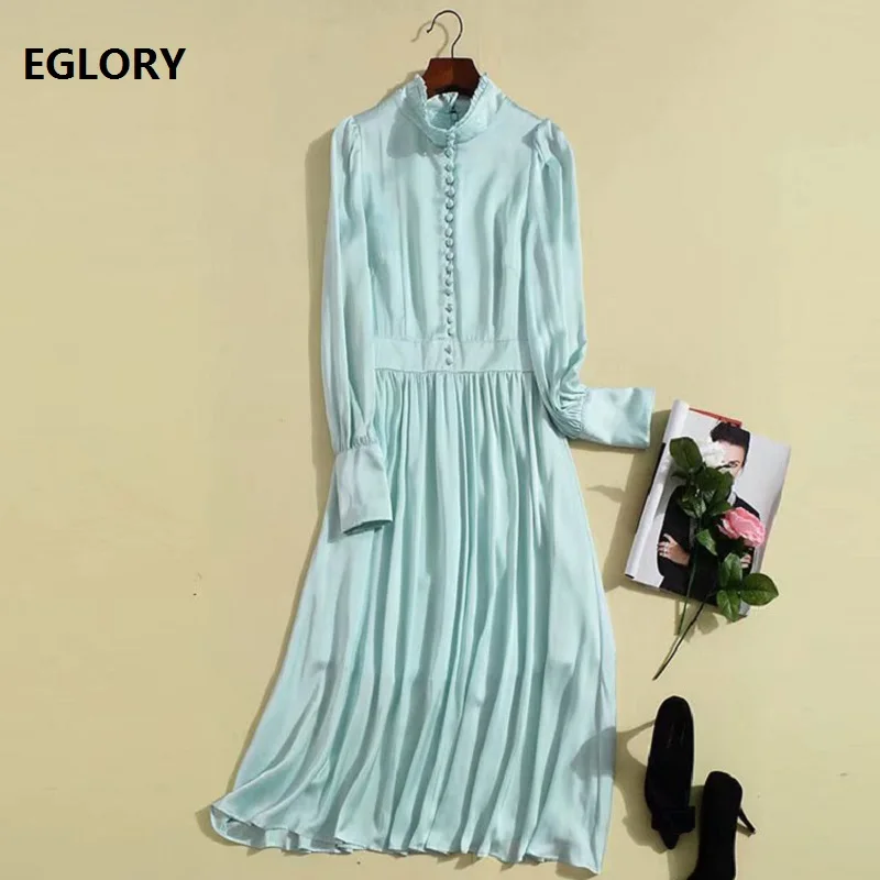 

High Quality New 2019 Summer Style Runway Dress Women Stand Neck Tunic Buttons Long Sleeve Mid-Calf Length Solid A-Line Dress