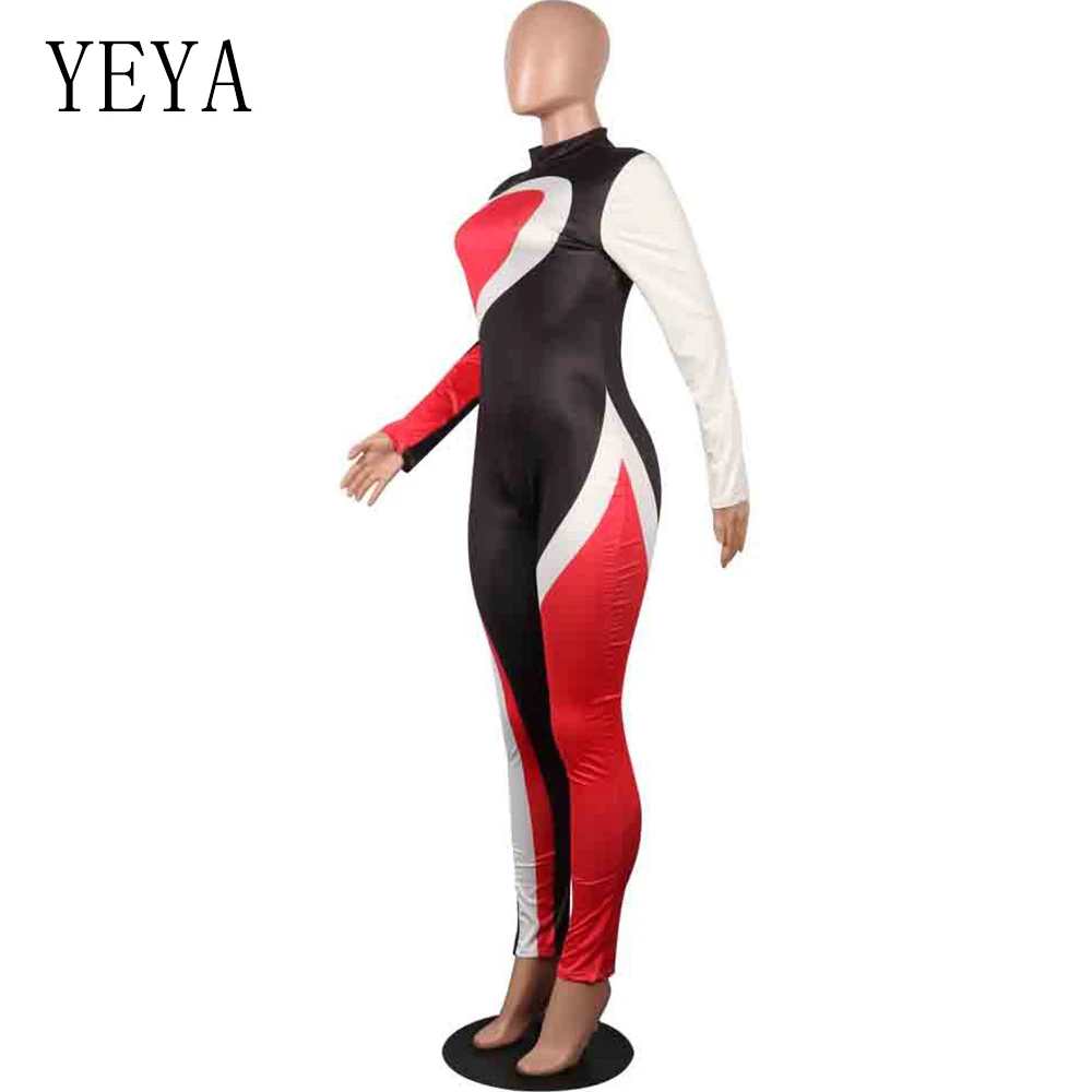 YEYA Big Size Patchwork Women Runway Jumpsuit Autumn Winter Casual Turtleneck Long Sleeve Fit Rompers High Street Sexy Overalls 