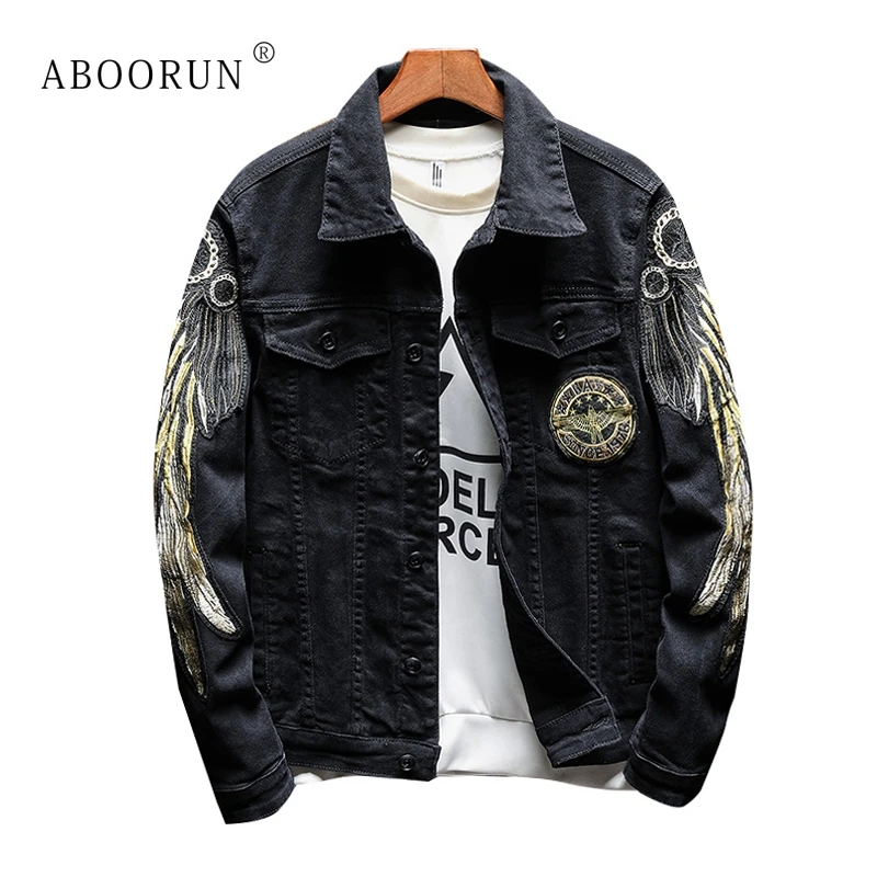 

ABOORUN Hi Street Men's Denim Jacket Fashion Gold Wing Embroidery Jacket Spring Autumn Slim fit Coat for Male x1800
