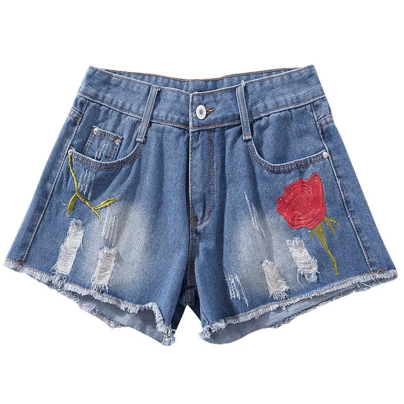 Yuxinfeng xl-5xl Summer Plus Size Denim Shorts Women Large Size Slim Holes Embroidered Denim Jeans Shorts Ladies Clothing