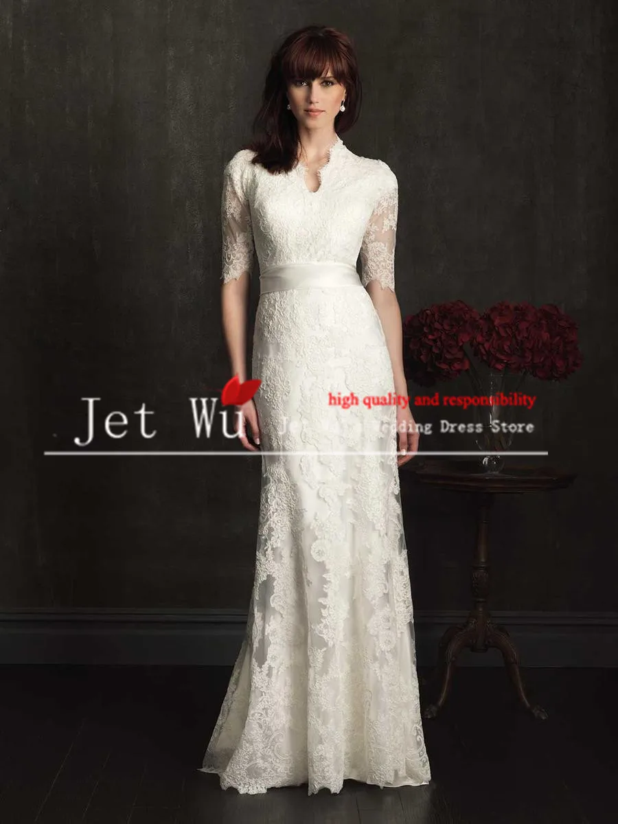 High Neckline High Back Lace Wedding Dresses Gowns 2014 With Half