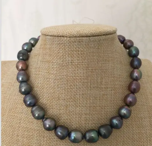 stunning 12-13mm tahitian black green red pearl necklace 18inch 925silver