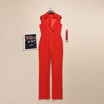

2019 Summer Fashion Jumpsuits High Quality Office Women Notched Collar Double Breasted Sleeveless Red Dark Blue Elegant Jumpsuit