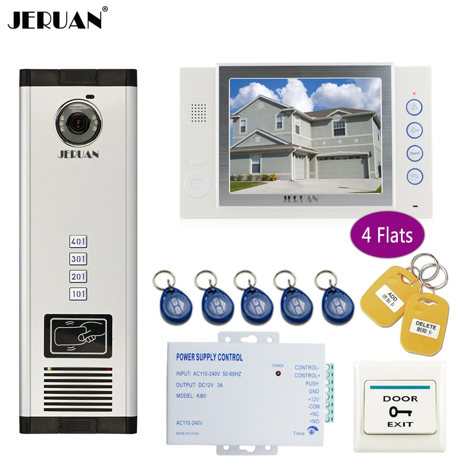 

JERUAN 8`` LCD Monitor 700TVL Camera Apartment video door phone 4 kit+Access Control Home Security Kit+free shipping+8GB Card