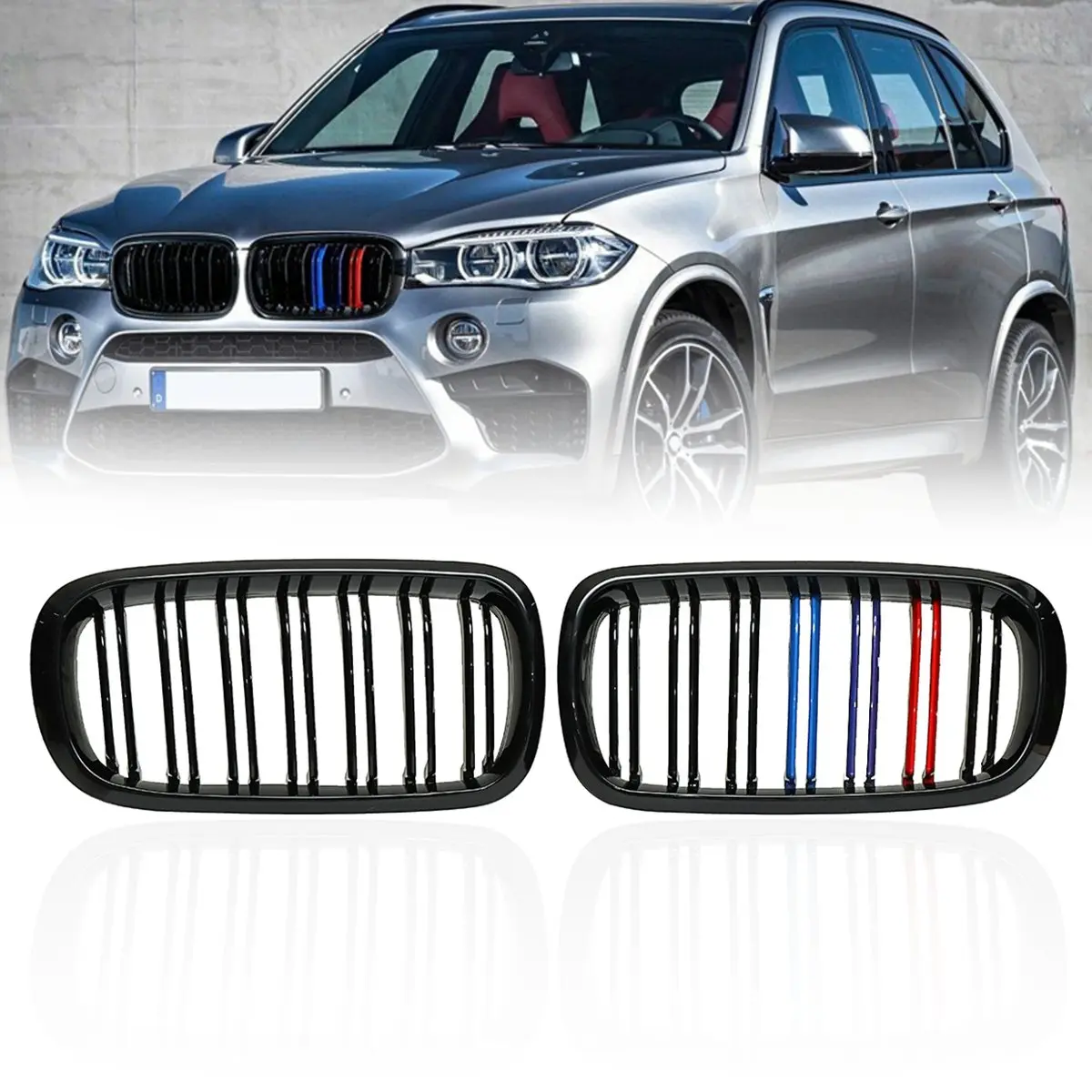 

#27-F15MFG3C Pair Matte Gloss Black M Color Front Double Slat Kidney Grille For BMW F86 F15 F16 X5 X6 X5M F85 X6M F86 2014 2015