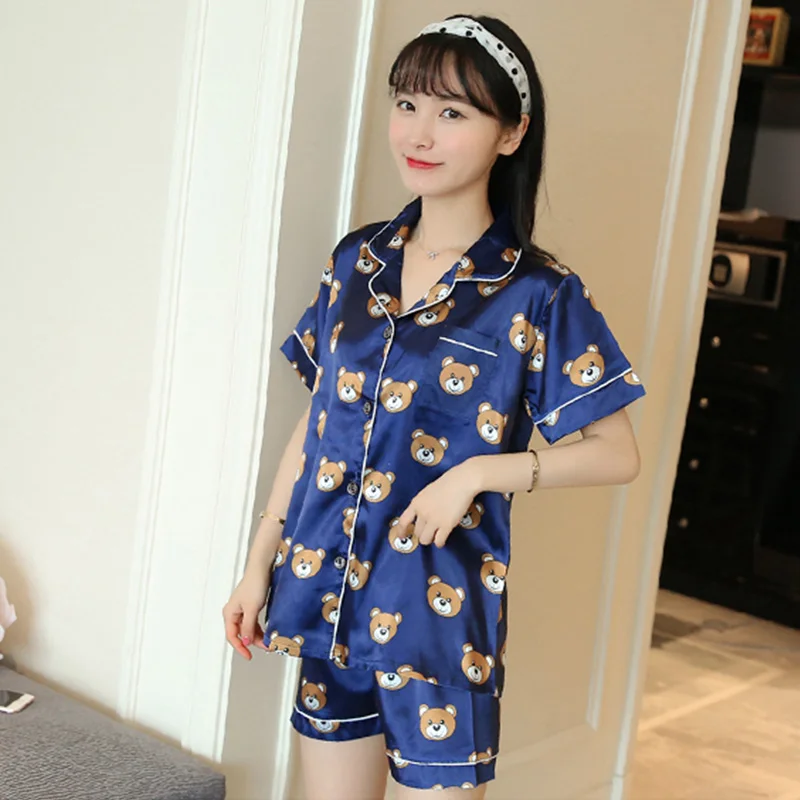 2020 Autumn Women Satin 2 Pieces Pajama Sets Shirts Shorts Pyjama Suits Female Sweet Cartoon Print Button Up Homewear Nightwears | Женская