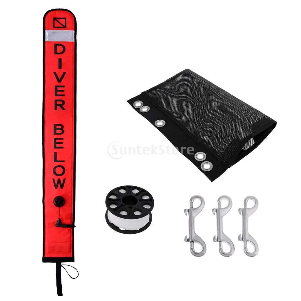 Professional Scuba Diving Diver Below Safety Sausage SMB Surface Marker Buoy, Finger Reel Guide Line Spool, 30m Line, Bolt Snap