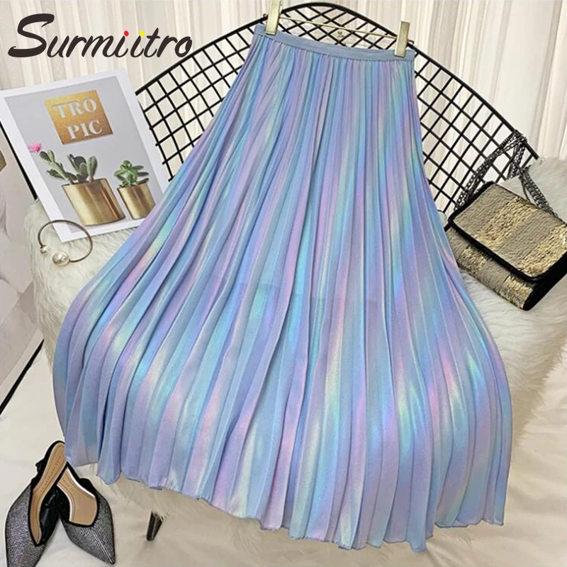 

Surmiitro Colorful Gradient Long Chiffon Pleated Skirt Women Fashion 2019 Summer Ladies Print A-line High Waist Sun Skirt Female