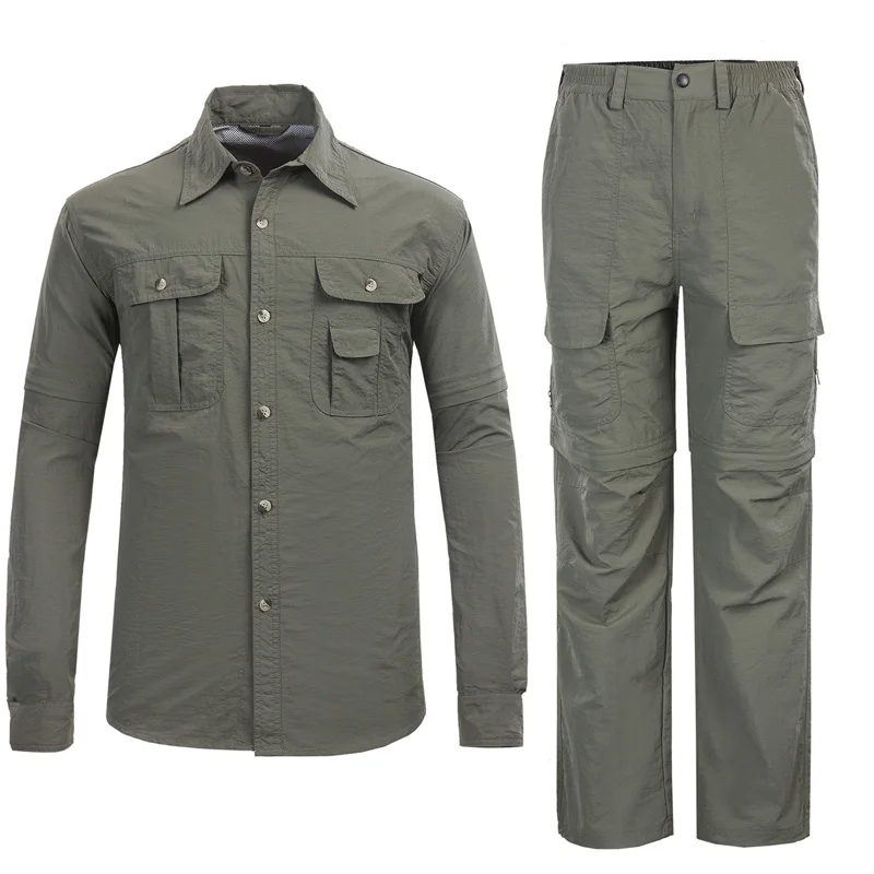 Хит, походная одежда для альпинизма, рыбалки, Мужской легкий походный костюм, анти-УФ солнцезащитный крем, быстросохнущая походная рубашка, брюки, наборы - Цвет: Army green Sets