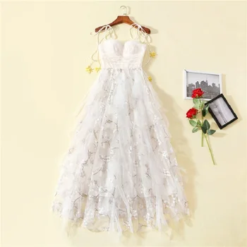 

Top Quality New Fashion Wedding Party Long Dress Women Spaghetti Strap Allover Tulle Mesh Embroidery Princess Lady Maxi Gowns