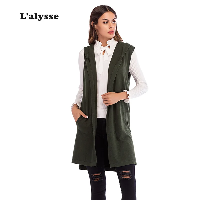 

LALYSSE 2019Autumn Women's Clothing Solid Color Loose Sleeveless Vest Long Hooded Knit Cardigan Coat Female Knitwear coat female