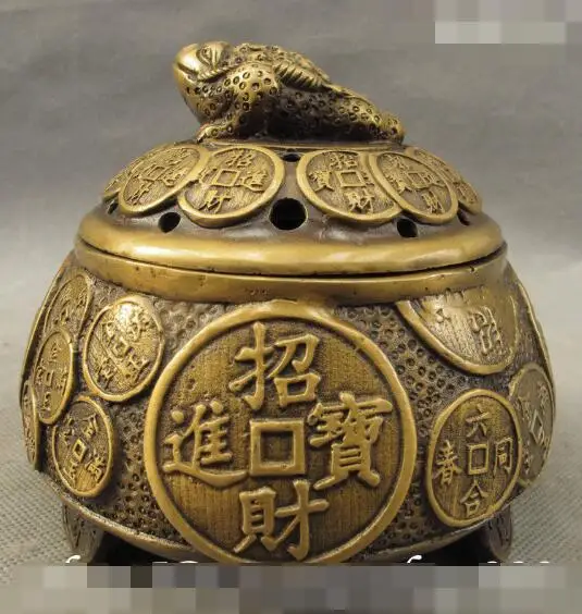 

S01401 Folk Chinese Bronze Wealth Toad Hoptoad Ride Coin Statue Incense Burner Censer (B0413)