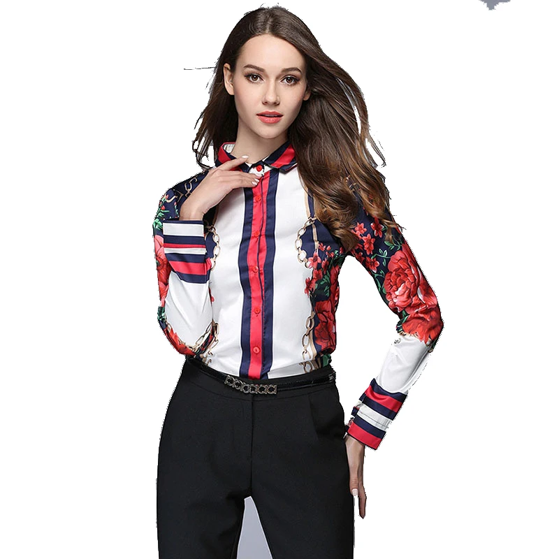 

2019 Flowers Striped Slim-Type Cardigan Long-sleeved Shirt Women Streetwear Casual Women Spring Womens Tops Blusas Mujer De Moda