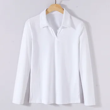 

Europe 2020 Spring Women's Fashion Turn Down Collar Long Sleeve Solid Cotton T- Shirts Tops Female Casual Modal Tees Wholesale