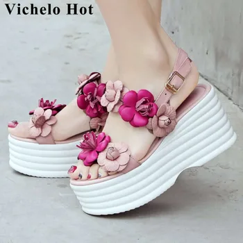 

Vichelo Hot cow leather colorful fowers decoration peep round toe buckle strap thick high bottom platform pretty girls shoes L60