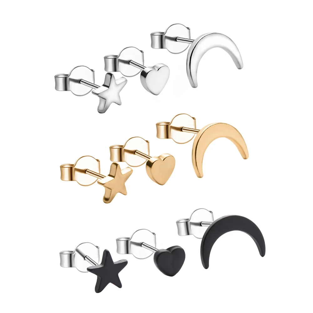 

6PCs/2Sets Punk Style Alloy Moon Star Heart Ear Stud Earrings Women Silver Plated Earring Set Minimalist Simple Jewelry