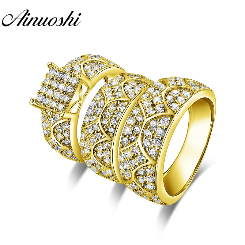 

AINUOSHI 13.6g Real Gold TRIO Ring Set Engagement Jewelry 10K Yellow Gold Couple Wedding Ring Fine Vintage Pattern Cluster Ring