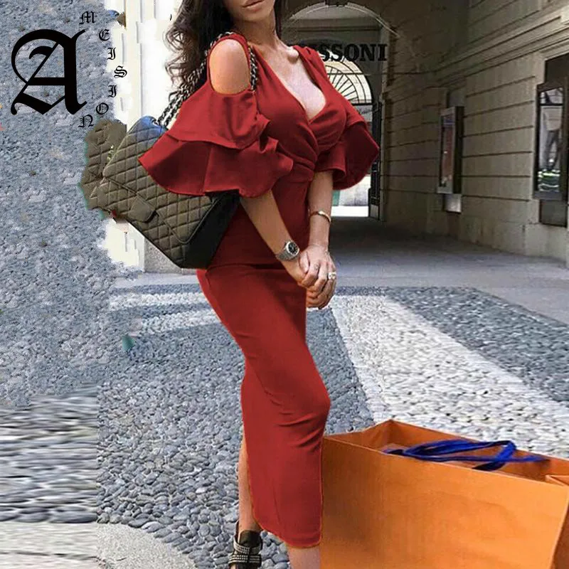 

Ameision Elegant cold shoulder flare sleeve women dress Sexy v-neck bodycon slim ladies party dress Summer plus size midi dress