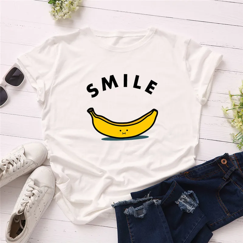 

Plus Size S-5XL Fashion Banana Smile Print T Shirt Women 100% Cotton O Neck Short Sleeve Summer T-Shirt Tops Casual Tshirt