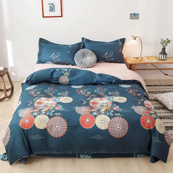 

Bedding Set Cotton Bed Set Flower umbrella on dark blue background Duvet Cover Set Blue Bed Sheet Pillowcases Queen size bed