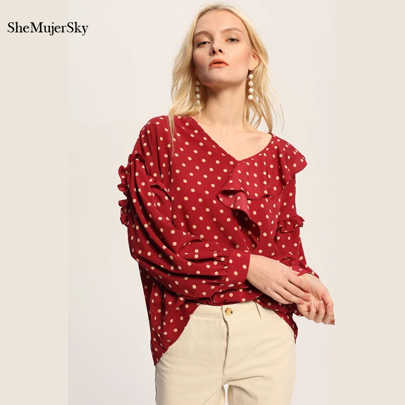 SheMujerSky المرأة الأحمر بلوزة البولكا نقطة طباعة الكشكشة قمصان طويلة الأكمام قمم السيدات فضفاض البلوزات 2018 blusas SheMujerSky المرأة الأحمر بلوزة البولكا نقطة طباعة الكشكشة قمصان طويلة الأكمام قمم السيدات فضفاض البلوزات 2018 blusas