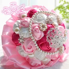 Чистый ручной Розовый Свадебный букет невесты роскошное украшение Алмазная и жемчужная цепь и кружевная вязальная ручка