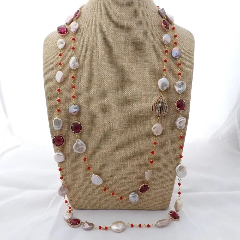 

K112401 70" Purple Keshi Pearl Crystal Cz Connector Necklace