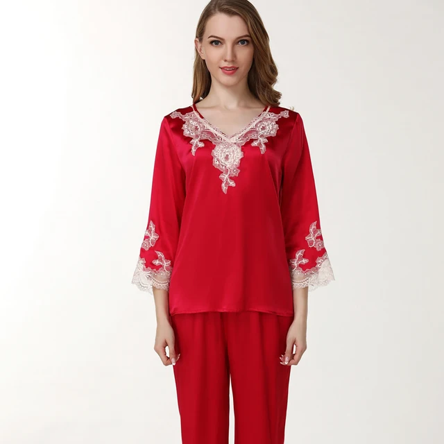 Buy women silk Satin Sleepwear Female red wedding Silk