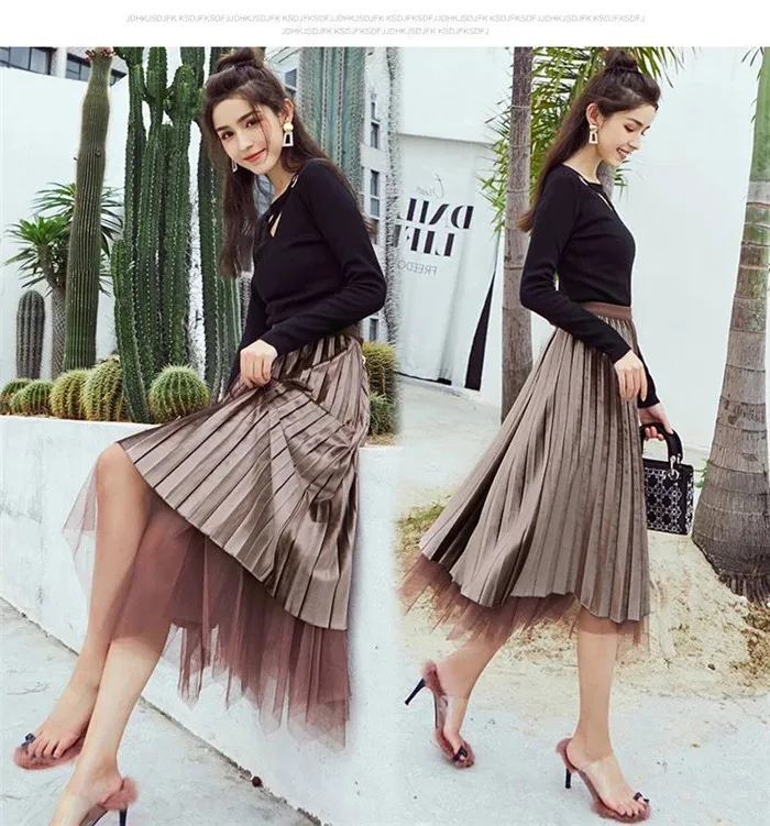 ELEXS 2 Layers Mesh Skirts Women's Black Gray Adult Tulle Skirt Elastic High Waist Pleated Midi Skirt Double-side