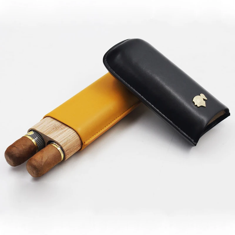 COHIBA Black&Yellow Leather Lined Cedar Wood 2 Tube Travel Cigar Case