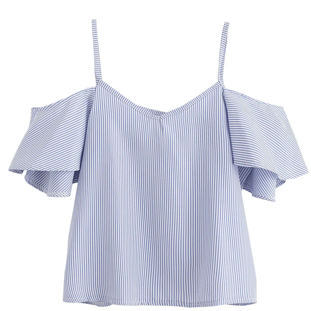 

CHAMSGEND 2018 Simple Fashion Women Summer Pinstripe Blouse Cold Shoulder Top June22