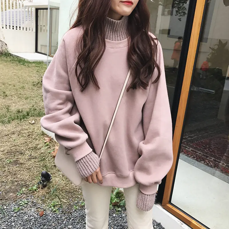 Осенняя шерстяная сшитая водолазка, имитация двух частей, плюс бархатный утепленный свитер с капюшоном, Женский студенческий свободный свитер, топы MZ3218 - Цвет: Розовый