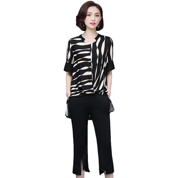 

Summer new women Large s striped suit female Korea V-neck chiff sho-sleeved shirt seven & pants suit office elegant Ms setsL-5XL