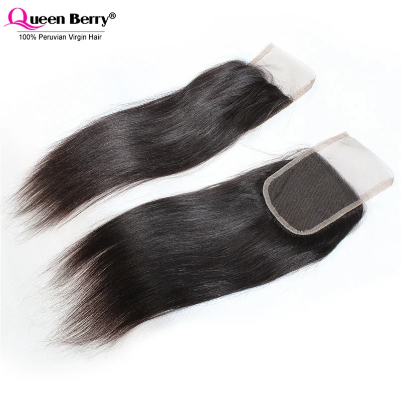 

Free Shipping Peruvian Lace Closure 4"*4" Peruvian Virgin Hair Straight Free Middle Part  Swiss Lace Top Closure Bleached Knots