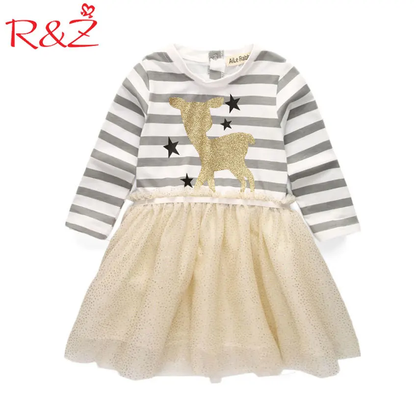 R& Z/ г. Новое Осеннее Повседневное платье для девочек Детские Полосатые платья с длинными рукавами и принтом в виде звезды оленя детская одежда из вуали с принтом