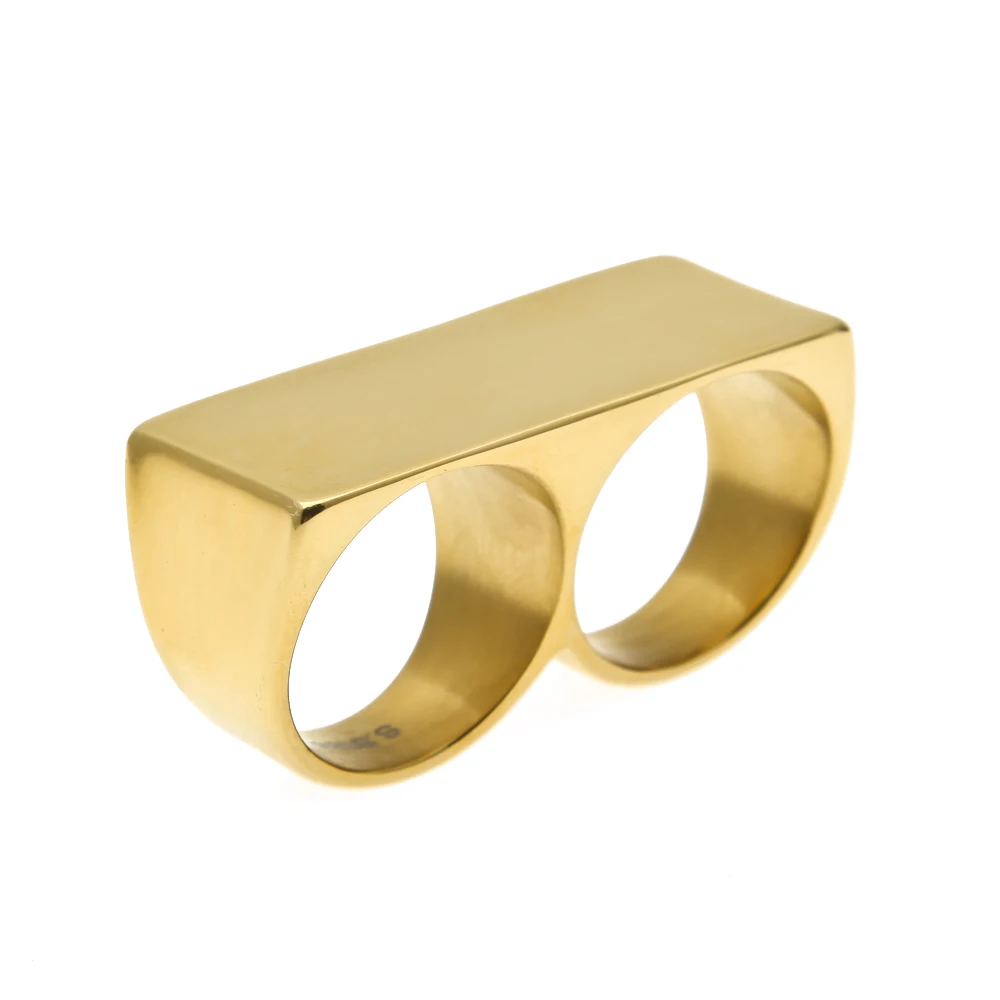 Personality Hip Hop Two Finger Rings Stainless Steel Gold Plated Men Punk Biker Rings Women Party