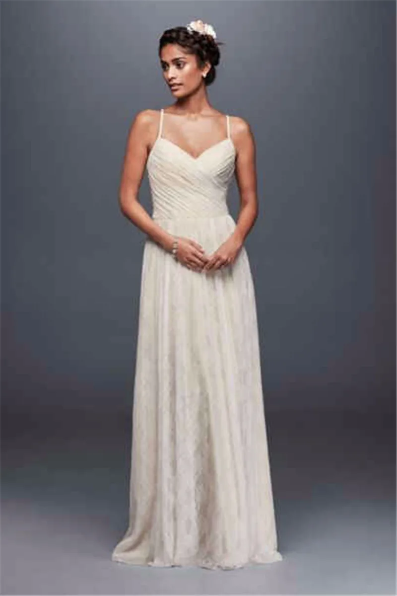 

WG3823 Soft Lace Wedding Dress with Pleated Bodice Spaghetti Strap Cross Back Floor Length Wedding Gown Custom Made
