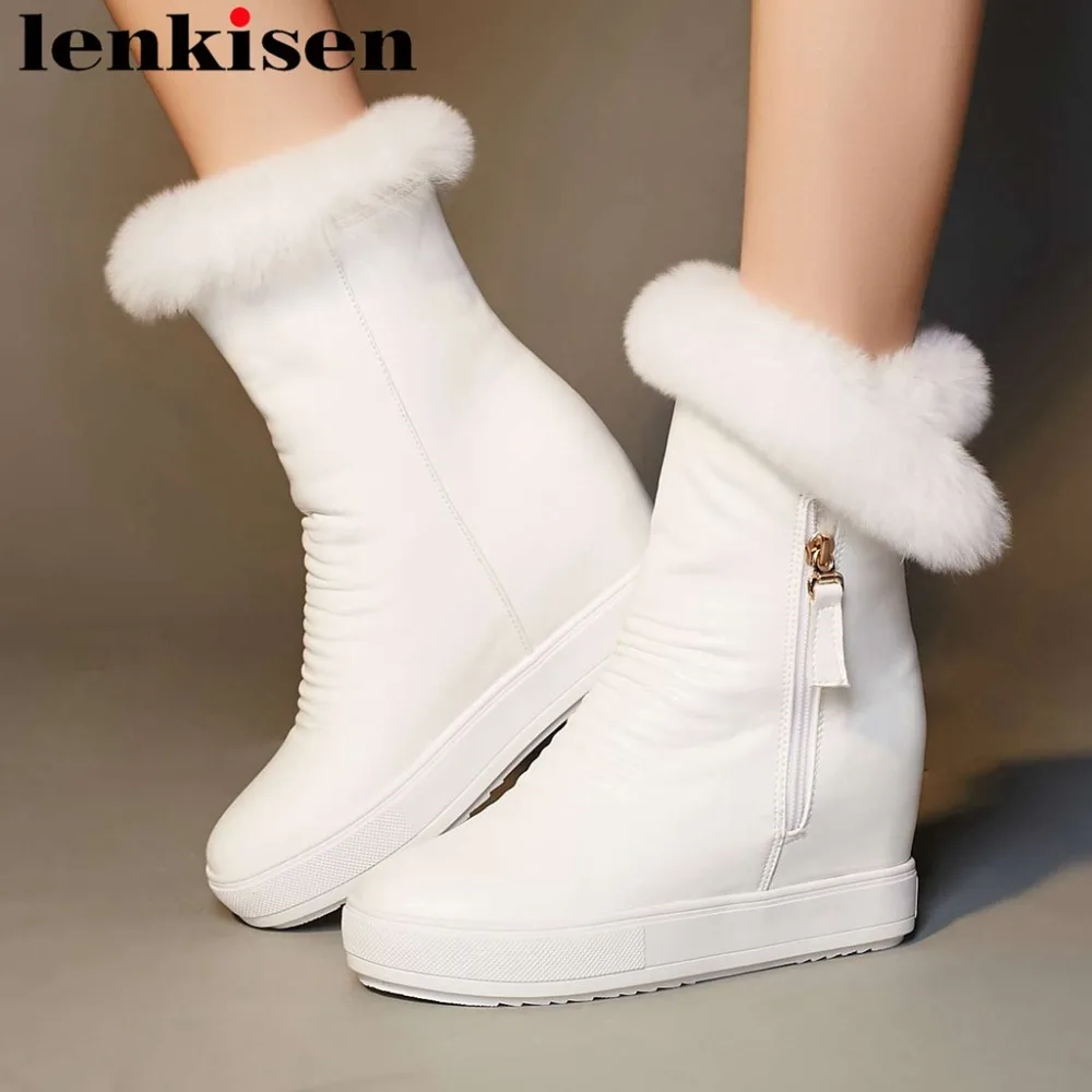 

Lenkisen 2019 european style high heels round toe rabbit fur decoration platform high quality pu zipper winter snow boots L82